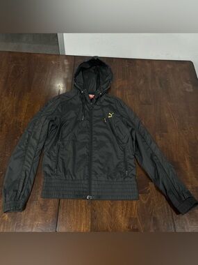PUMA Black Full-Zip Hooded Windbreaker Jacket with Gold Logo Women’s Size S